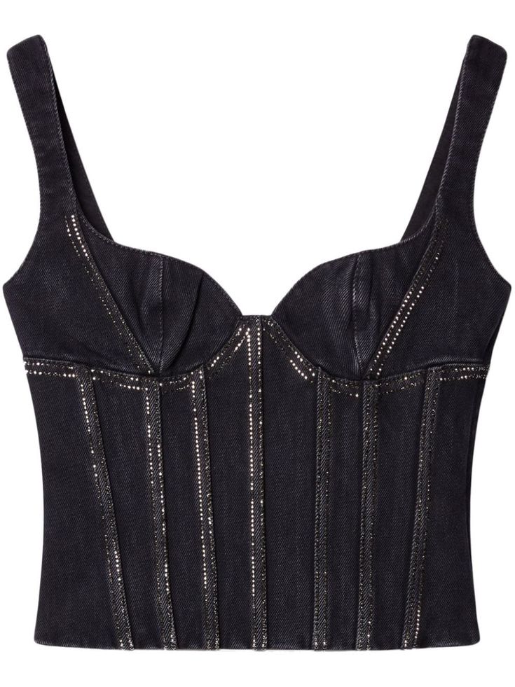 black cotton denim dark wash crystal embellishment side zip fastening bustier-style neckline sleeveless scoop back cropped Versace Outfit, City Dress, Summer Beach Wear, Bustier Top, Bustiers, Crystal Embellishment, Ballet Flat Shoes, Lady Dior, Pink Tops