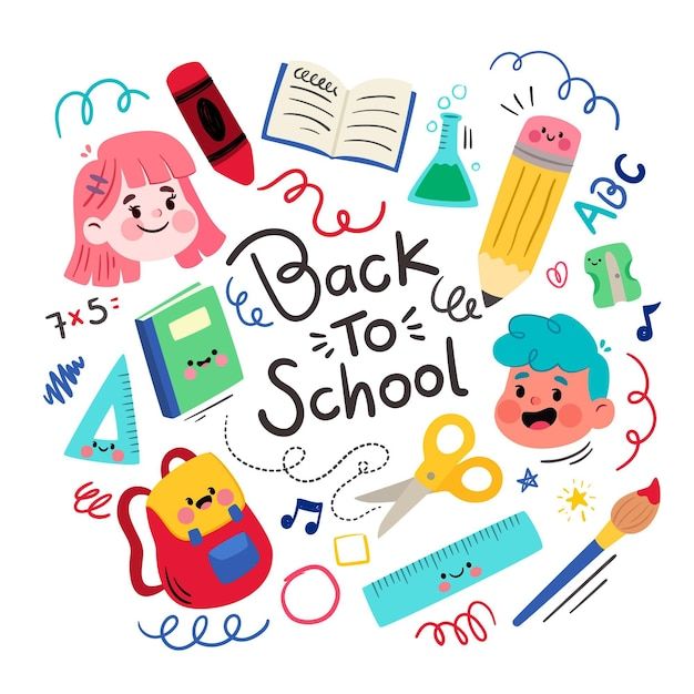 the back to school poster features children's drawings, books, pencils and scissors