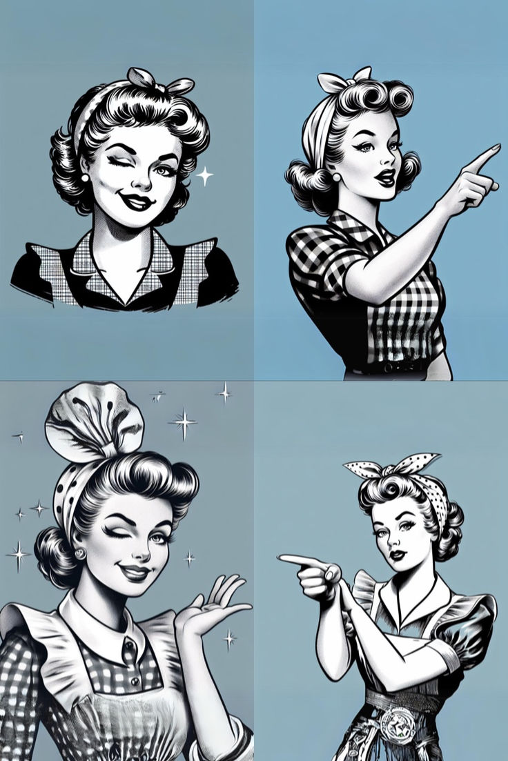 four different images of women in dresses pointing at something with their hands on the other side