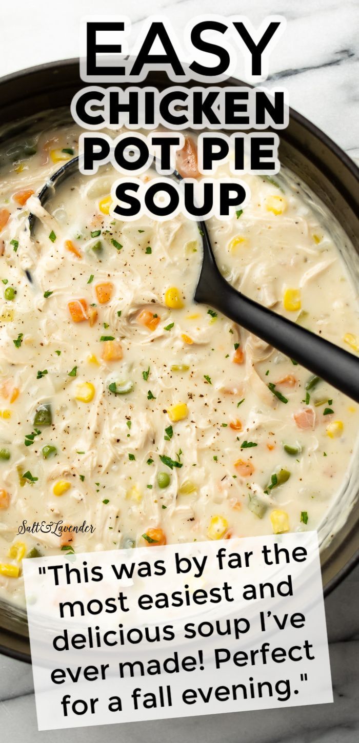 a pot of soup with a ladle and text overlay that reads easy chicken pot pie soup - "This was by far the most easiest and delicious soup I’ve ever made! Perfect for a fall evening." Easy Chicken Pot Pie Soup, Easy Chicken Soup Recipe, Chicken Pot Pie Soup Recipe, Pot Pie Soup Recipe, Easy Chicken Soup, Chicken Pot Pie Soup, Pot Pie Soup, Chicken Soup Recipe, Easy Chicken Pot Pie