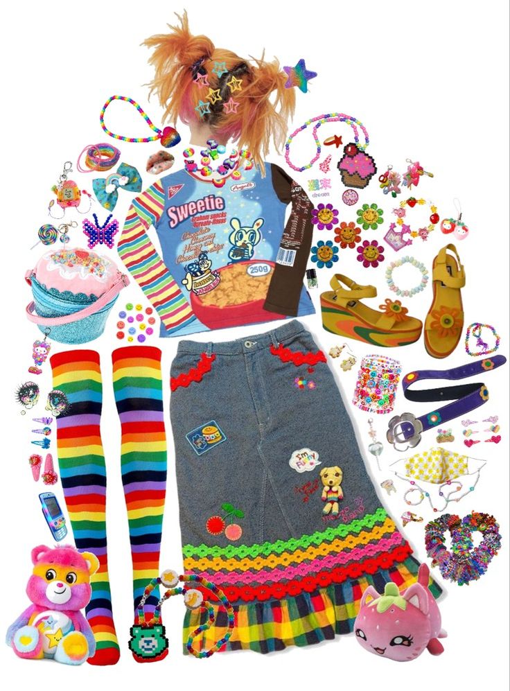 Kidcore Outfit Skirt, Lisa Frank Outfit Aesthetic, Pixielocks House, Chi Core Aesthetic, Unusual Outfits Ideas, Lisa Frank Outfit Ideas, Decora Aesthetic Outfits, Trinketcore Outfit, Clowncore Aesthetic Outfits