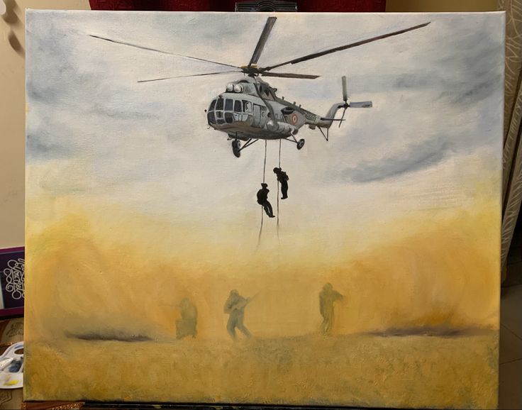 a painting of two men hanging from a helicopter