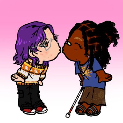 two children with purple hair are talking to each other