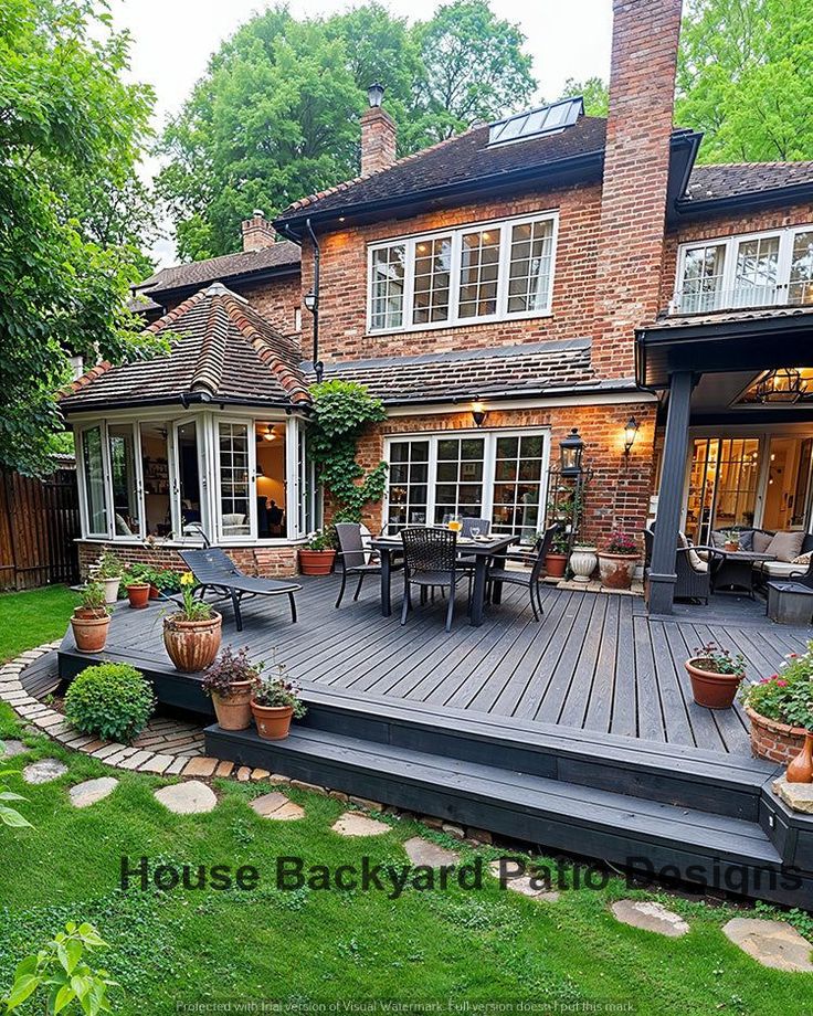 a house with a large deck in the front yard and lots of potted plants