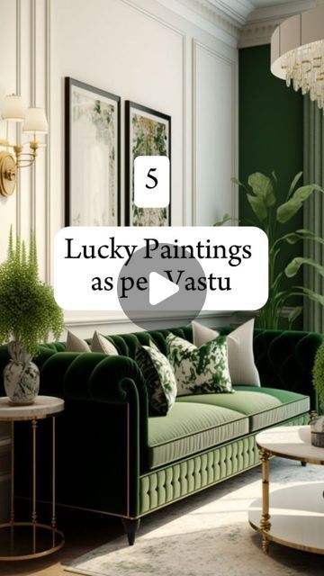 a living room filled with green furniture and paintings on the wall above it's couches