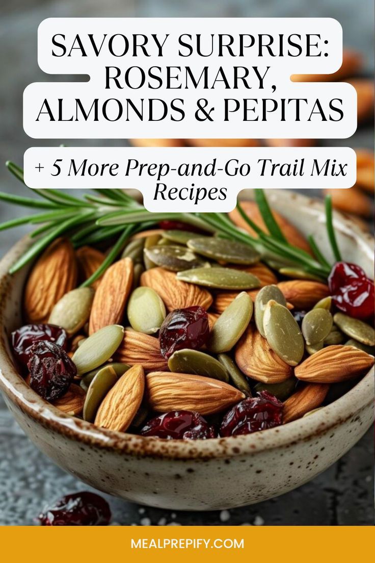 A mix of almonds, pepitas, and cranberries garnished with rosemary, suitable for quick meal preps. Easy Trail Mix Recipes, Trail Mix Ideas, Rosemary Almonds, Healthy Trail Mix Recipes, Prep Snacks, Trail Mix Recipe, Trail Mix Recipes, Quick Meal Prep, Meal Prep For Beginners