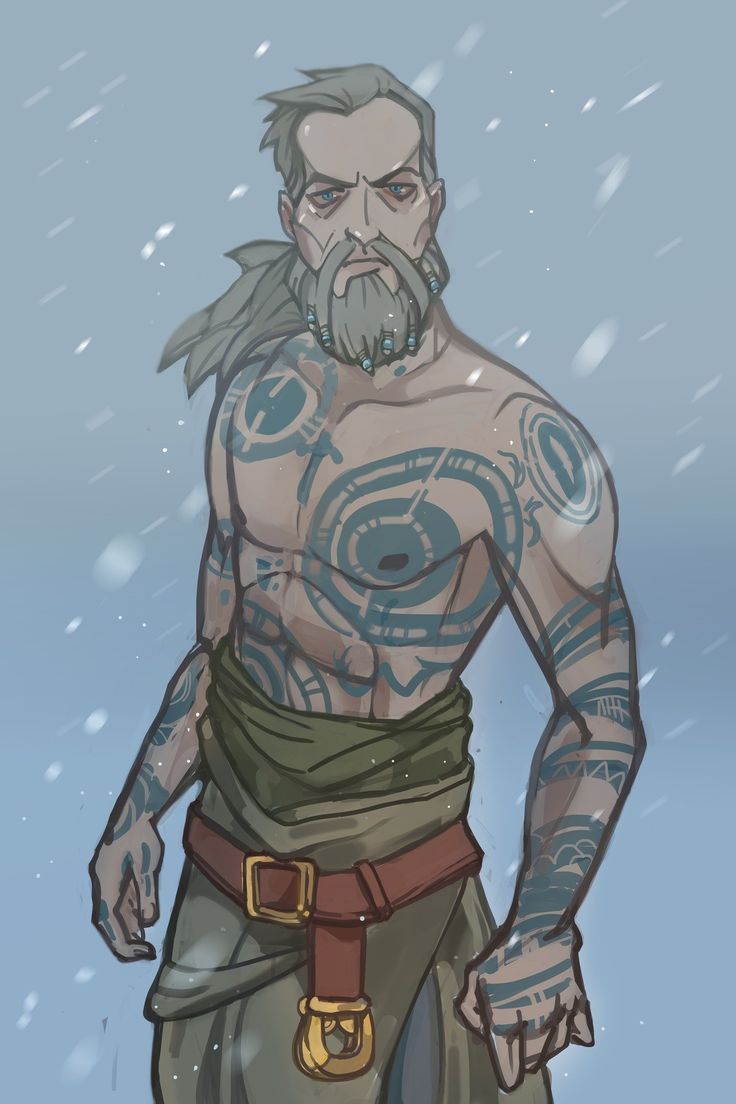 an image of a man with tattoos on his chest and arms, standing in the snow