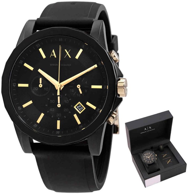 Men's Luxury Armani Exchange Gold & Black Dial Watch - Band New With Tags! - Limited Quanity -100% Authentic - Full Retail Package With All Accesories About The Watch: Dial Color: Black Water Resistance: 50 Meters / 165 Feet Case Size: 45 Mm Band Width: 22 Mm Case Diameter: 45 Mm Movement: Quartz Case Material: Stainless Steel Caseback: Solid Features: Chronograph, Date, Hour, Minute, Second Designer Black Watches With Subdials, Designer Black Analog Watches, Designer Black Chronograph Watch For Formal Occasions, Designer Black Chronograph Watch For Formal Events, Designer Black Watch Accessories With Tachymeter, Black Watch With Tachymeter For Gift, Black Tachymeter Watch For Gift, Black Tachymeter Watch As Gift, Designer Black Watch With Analog Display