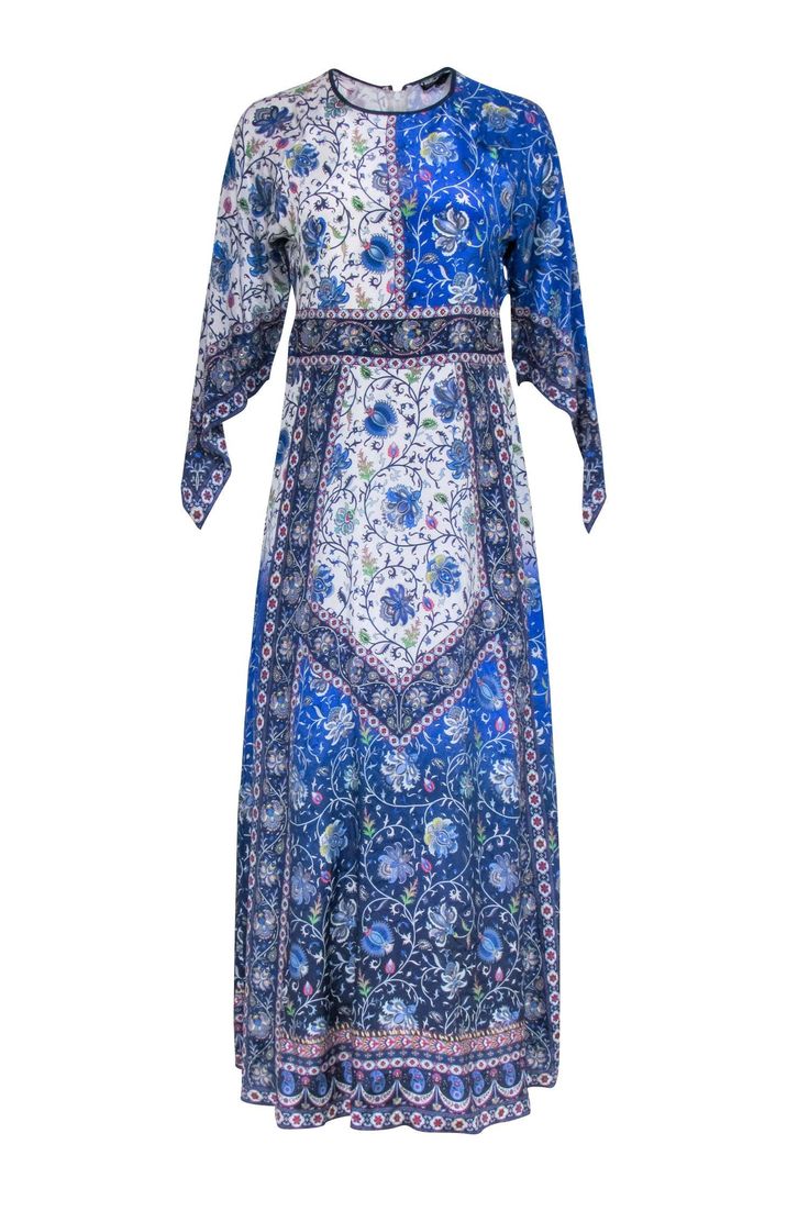 Current Boutique-Tanvi Kedia - Blue Multi Paisley Print Dress Sz 4 Bohemian Patterned Maxi Dress, Blue Printed Long Maxi Dress, Patterned Floral Print Long Maxi Dress, Blue Long Dress With Boho Print, Blue Long Boho Print Dress, Long Blue Dress With Boho Print, Long Blue Boho Print Dress, Long Blue Boho Dress For Spring, Blue Long Boho Dress With Floral Print