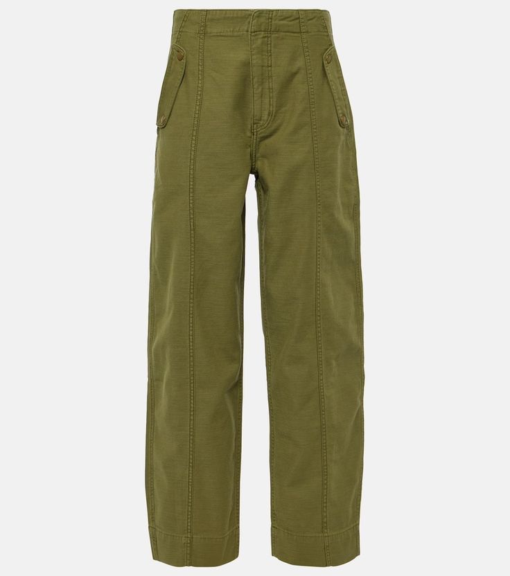 High-rise cotton barrel-leg pants in green - Frame | Mytheresa High Waist Cotton Parachute Pants With Pockets, Green Cotton Wide Leg Pants With Cargo Pockets, Spring Military Wide Leg Pants, Cropped Work Pants With Button Zip Fly, Cropped Leg Workwear Pants With Button Zip Fly, High-waisted Cotton Bottoms With Button Zip Fly, Cropped Leg Pants With Button Zip Fly For Workwear, Wide Leg Cotton Bottoms With Button Zip Fly, Green High-waisted Cotton Cargo Pants