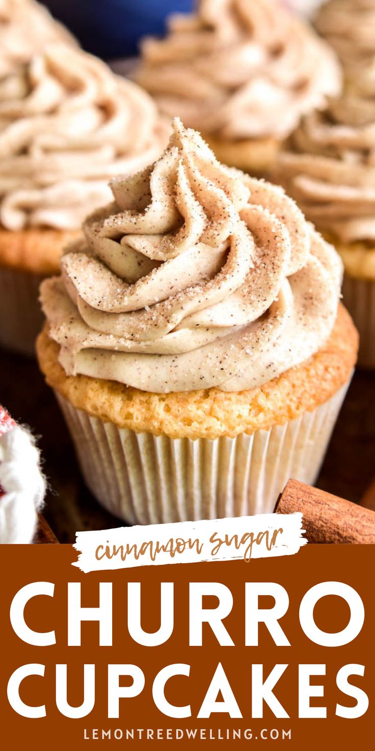 cinnamon sugar churro cupcakes with cinnamon frosting on top and cinnamon spice in the background