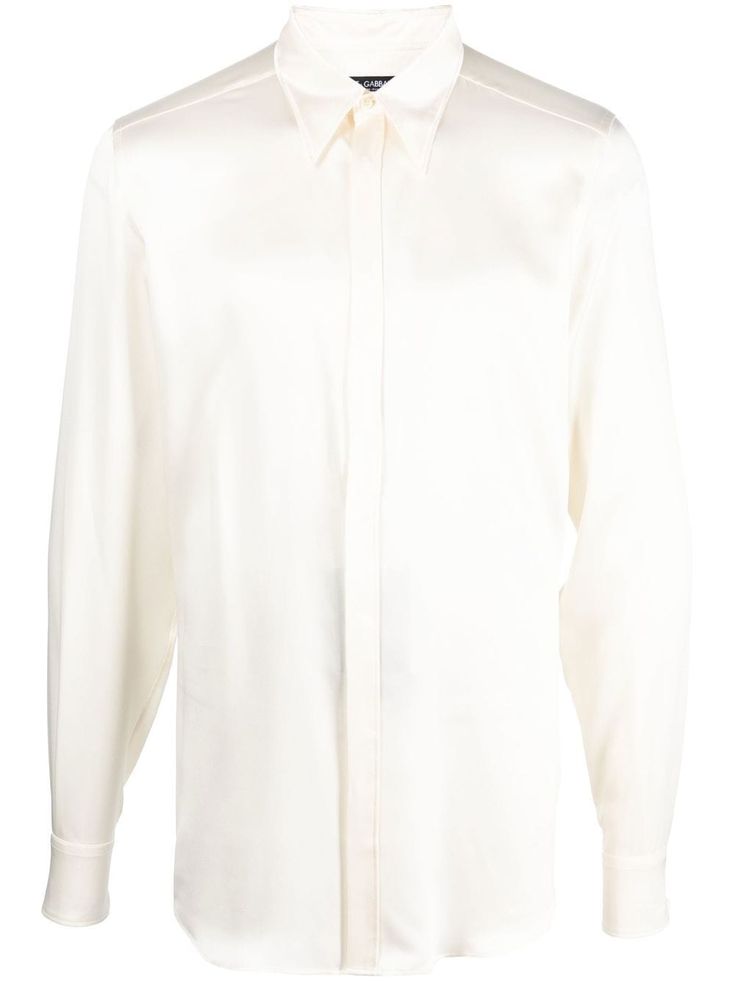 long-sleeved silk shirt from DOLCE & GABBANA featuring cream white, silk, classic collar, long sleeves, buttoned cuffs, curved hem and concealed front button fastening. City Shorts, Dolce E Gabbana, Summer Beach Wear, Sweaters Knitwear, White Silk, Espadrille Shoes, Wedding Attire, Silk Shirt, Light Jacket