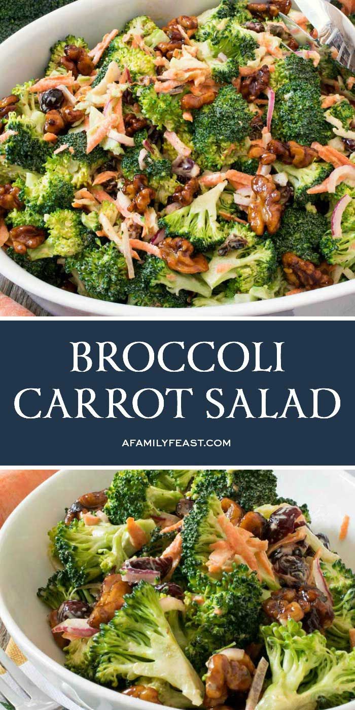 broccoli carrot salad in a white bowl with the title above it on top