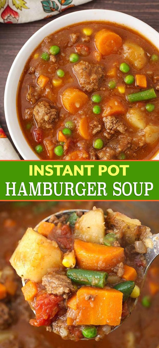 instant pot hamburger soup in a white bowl with a spoon