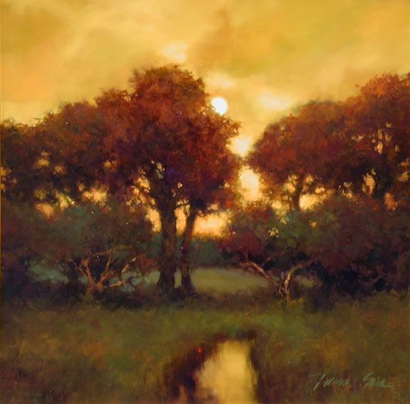 an oil painting of trees and water at sunset