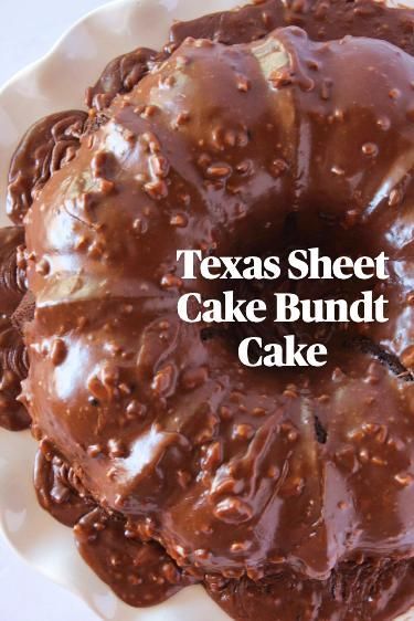 a bundt cake covered in chocolate frosting on a white plate with the words texas sheet cake made with a cake mix