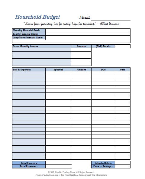 household budget sheet with the words household budget