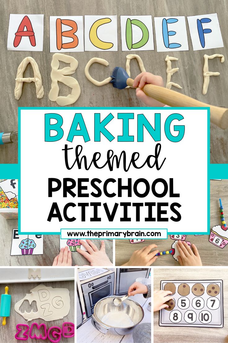 Image shows baking themed preschool activities. Baking Fine Motor Activities, Cooking In Classroom Preschool, Bakery Unit For Preschool, Preschool Cookie Activities, Creative Curriculum Bread Study Preschoolers, Bread Study Activities Preschool, Preschool Baking Activities, Bread Creative Curriculum, Kitchen Activities For Preschool