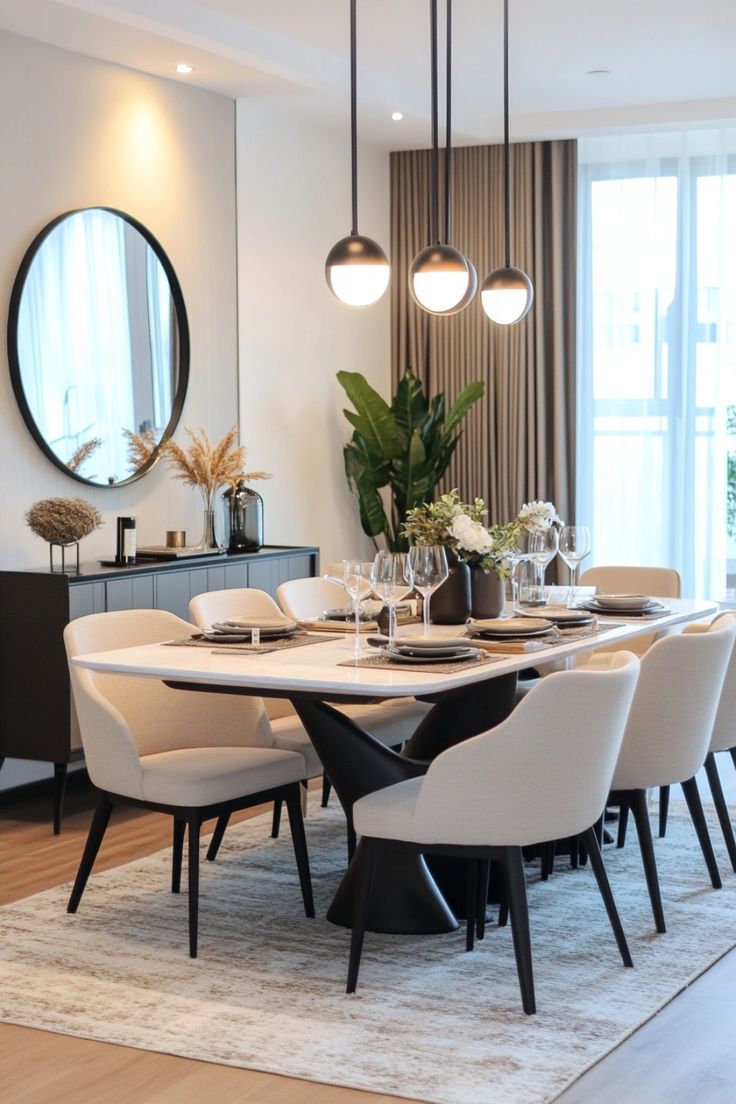 a dining room table with white chairs and a round mirror on the wall above it