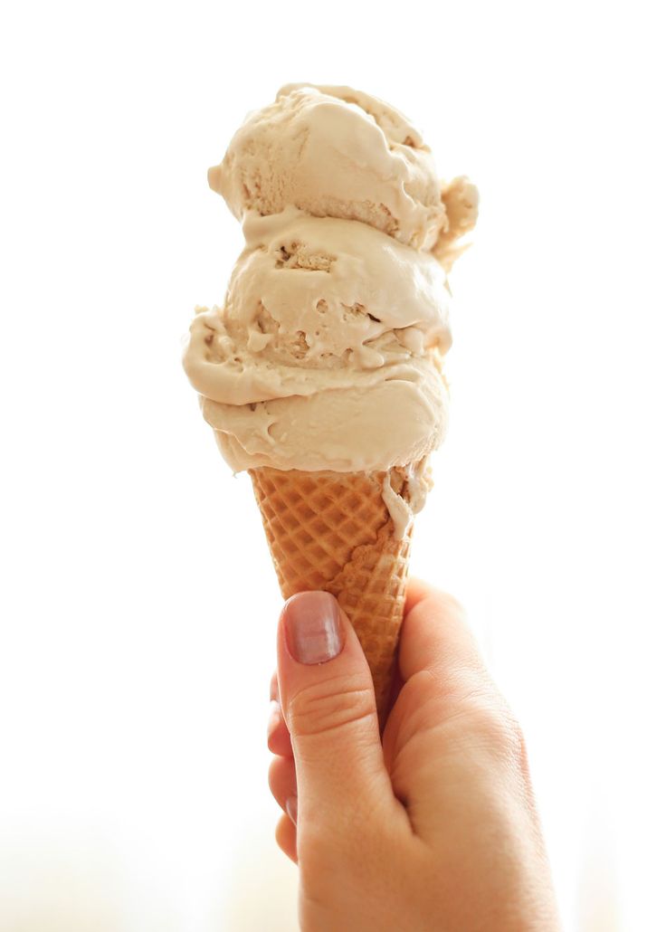 a hand holding an ice cream cone in front of a white background