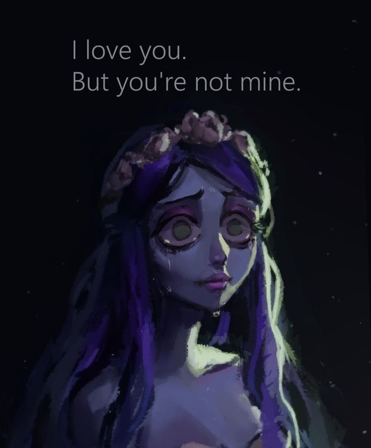 a drawing of a woman with purple hair and flowers in her hair, text reads i love you but you're not mine