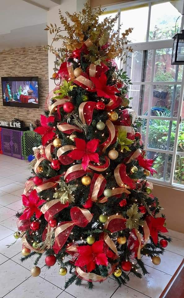 a decorated christmas tree with red and gold decorations