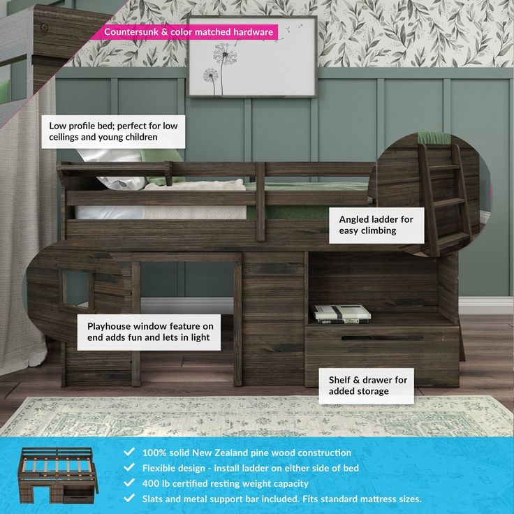 the bunk bed is made out of wood and has drawers on each side for storage