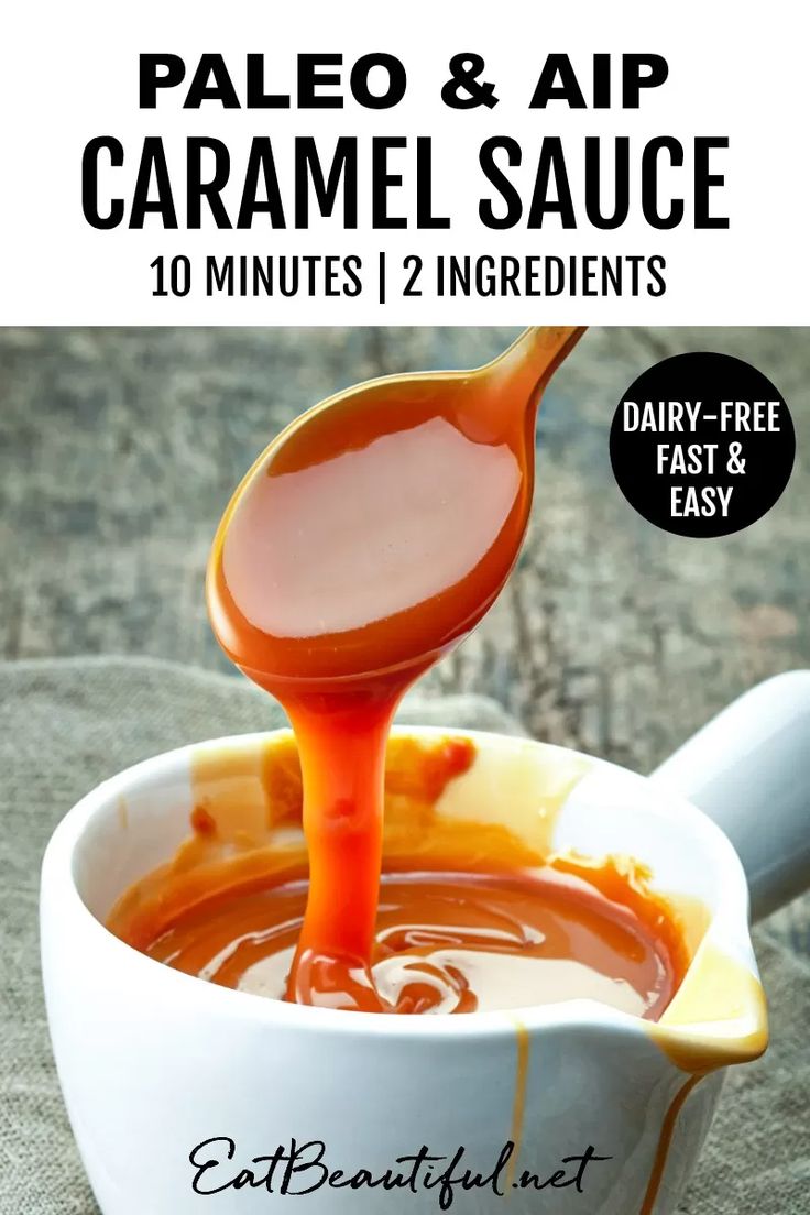 a spoon full of caramel sauce in a white bowl with text overlay that reads, paleo and air caramel sauce 10 minutes 1 ingredients