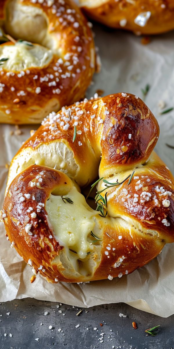 two bagels covered in cheese and herbs on top of wax paper with sprinkles