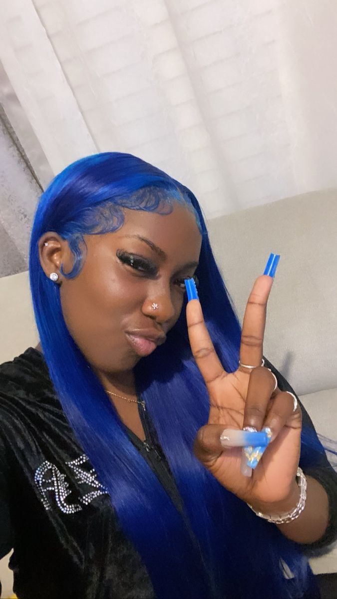 Blue Frontal Wig Install, Pretty Wig Colors, Royal Blue Hair Black Women, Hairstyles With Natural Hair Black Women, Blue Sew In, Blue Wig Black Women, Blue Quick Weave, Cute Wig Colors, Color Lace Front Wigs Black Women