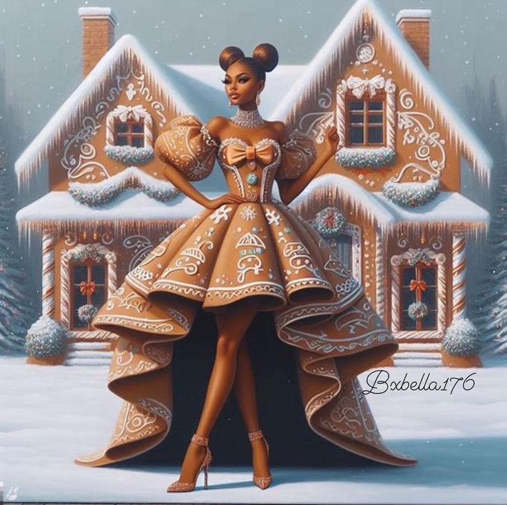 a painting of a woman wearing a dress in front of a gingerbread house