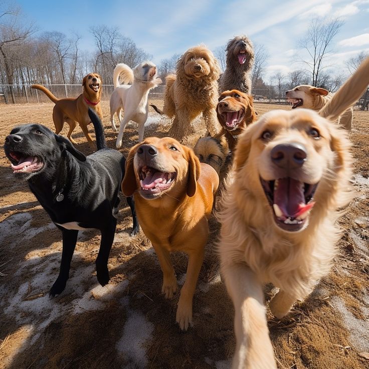 a group of dogs standing on top of a dirt covered field next to each other