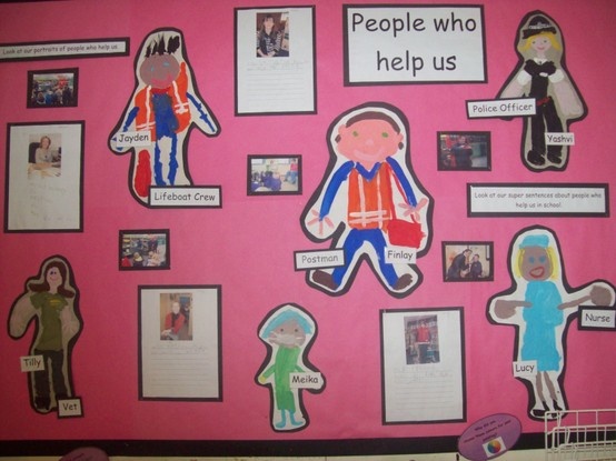 a bulletin board with people who help us written on it and pictures hanging from the wall