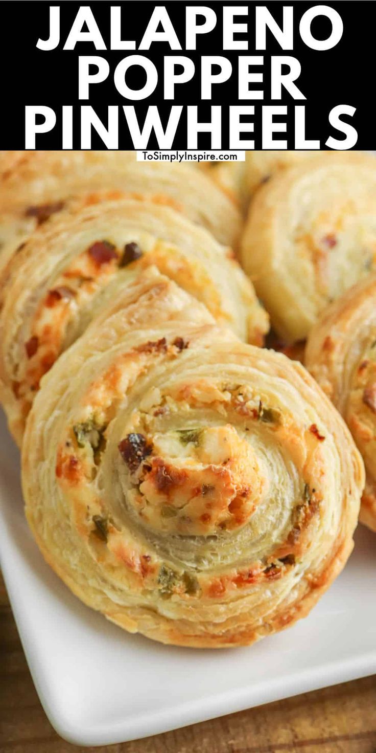 jalapeno popper pinwheels on a white plate with text overlay