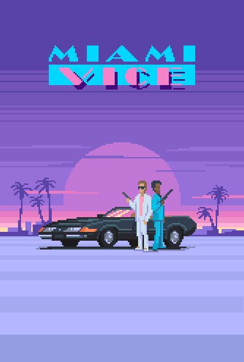 two people standing in front of a car with the word miami vice on it's screen