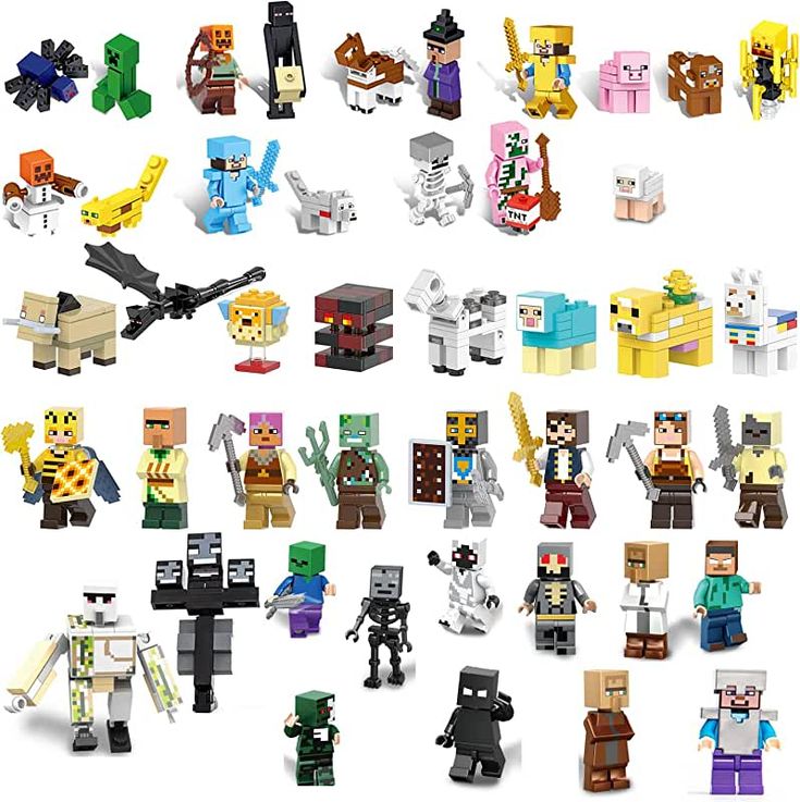 a bunch of different types of legos on a white background, including minecraft characters