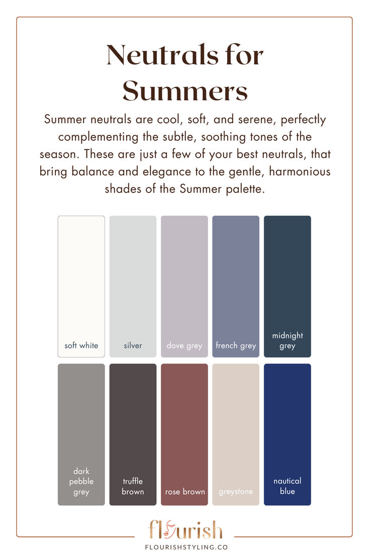 Cool Toned Wardrobe, Summer Neutrals Palette, Soft Summer Color Palette Brown, Cool Soft Summer Color Palette, Soft Summer Clothing Palette, Cool Summer Tone Outfits, Capsule Wardrobe True Summer, Cool Summer Browns, Cool Summer Neutrals