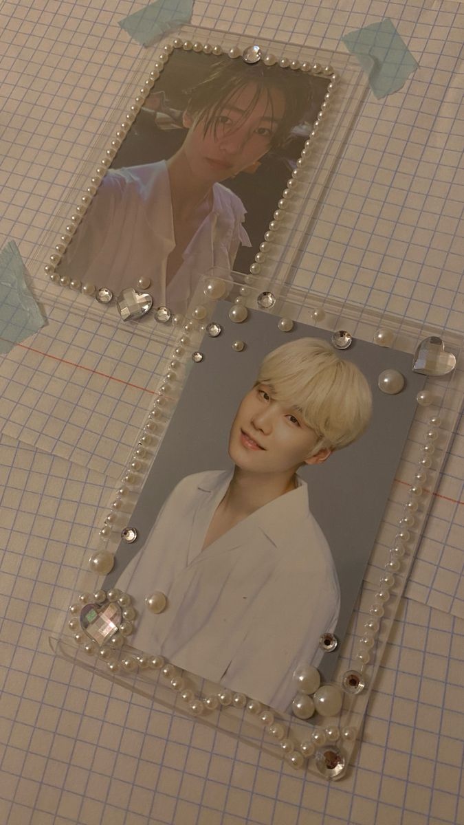 two pictures of the same person on a piece of paper with pearls attached to them