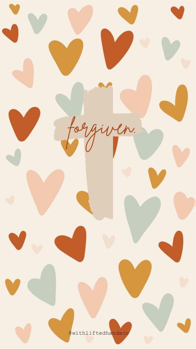 a cross surrounded by hearts with the word forgingen written in red, orange and blue