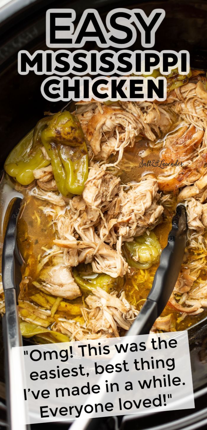 a slow cooker with chicken in sauce and serving tongs and text overlay that reads easy Mississippi chicken - "Omg! This was the easiest, best thing I’ve made in a while. Everyone loved!" Tender Shredded Chicken, Mississippi Chicken, Chicken Crockpot Recipes Easy, Shredded Chicken Recipes, Crockpot Dishes, Crockpot Recipes Slow Cooker, Dinner Recipes Crockpot, Crock Pot Cooking, Chicken Dishes Recipes