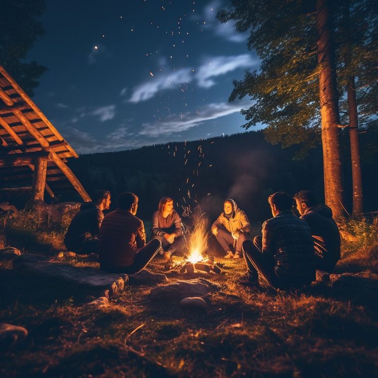 people sitting around a campfire at night