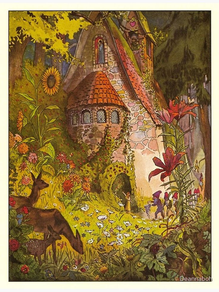 an illustration of a house in the woods with flowers and animals around it, surrounded by trees