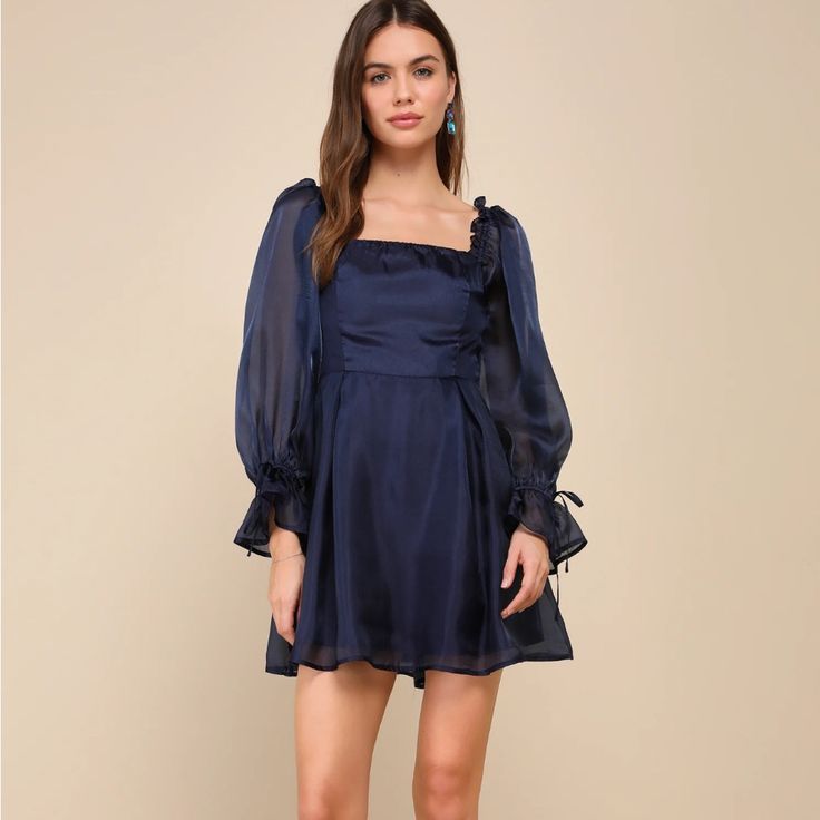 Brand New With Tags. Size L. Navy Chiffon Off Shoulder Mini Dress Blue Mini Length Chiffon Dress, Blue Mini Chiffon Dress, Flowy Blue Mini Length Chiffon Dress, Blue Chiffon Long Sleeve Mini Dress, Blue Chiffon Mini Dress With Long Sleeves, Blue Long Sleeve Chiffon Mini Dress, Elegant Blue Sheer Mini Dress, Chic Blue Chiffon Cocktail Dress, Blue Chiffon Mini Dress For Cocktail