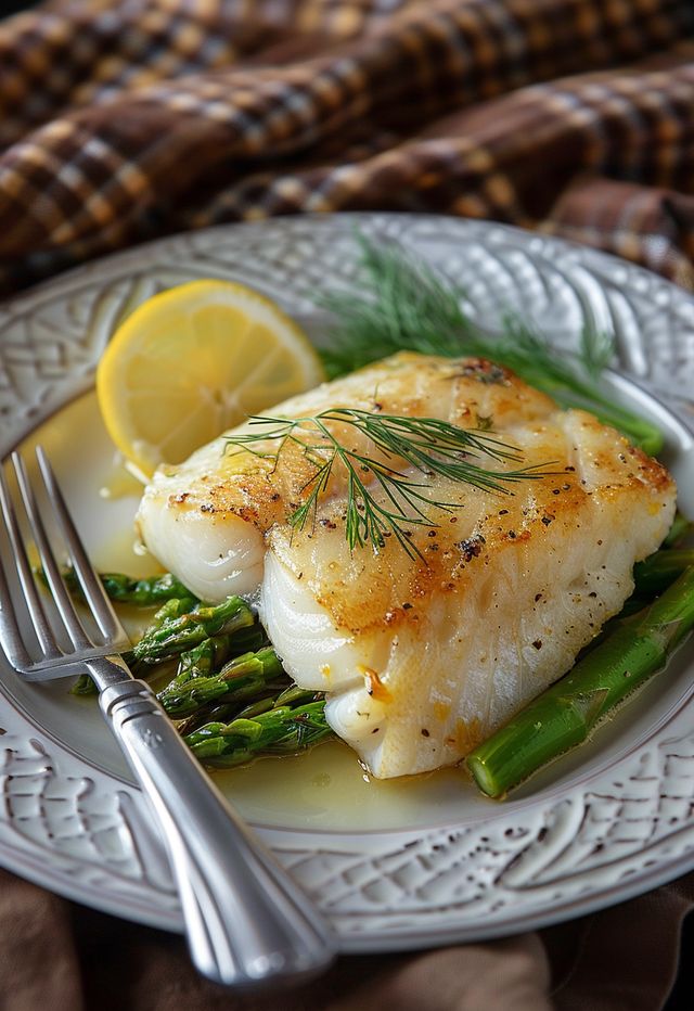 a white plate topped with fish and asparagus on top of a table next to a fork