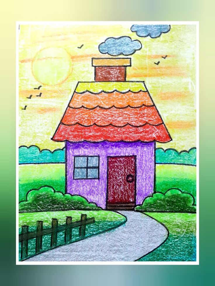 a child's drawing of a house with a pathway leading to the front door