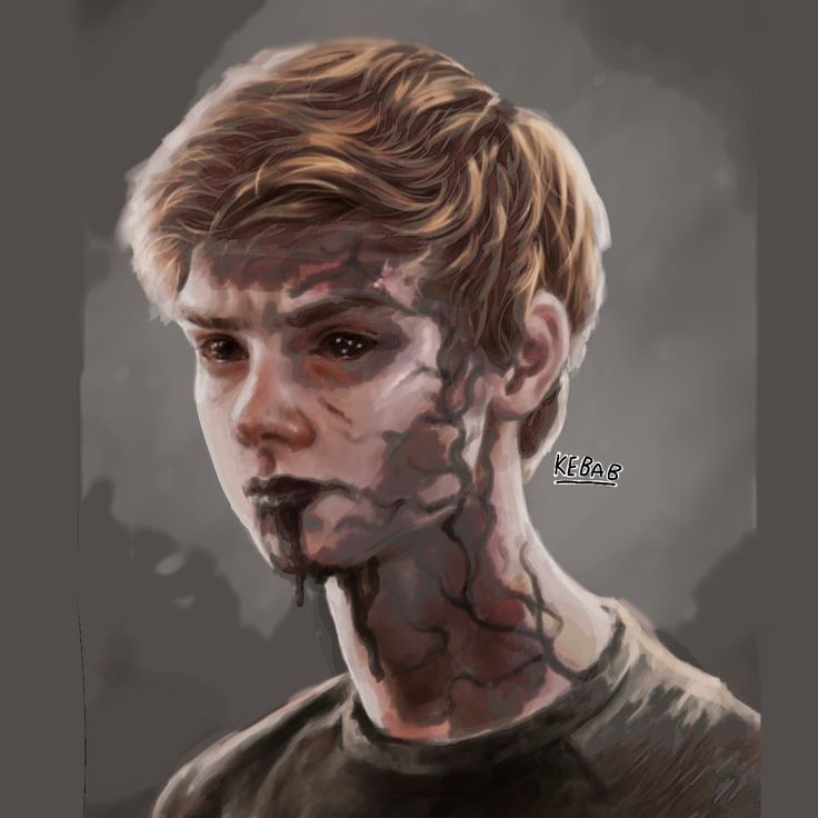 a drawing of a young man with blood on his face