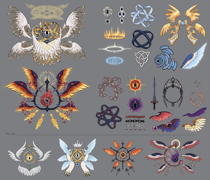 an assortment of different designs and colors on a gray background, including wings, rings, and circles