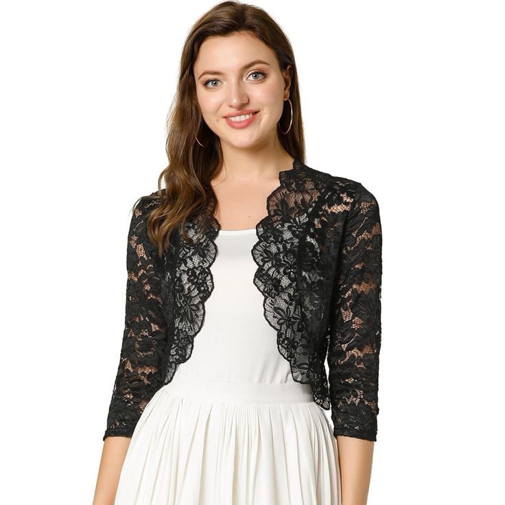 Add a bit of feminine touch to your look with this sheer floral lace shrug top which features a 3/4 sleeve form, an open front, and sheer floral lace fabric. A flattering lace hem and the beautiful floral pattern put pretty detailing on this top, making it perfect for a weekday meeting or night out. It is a perfect match for an everyday skirt for a weekend casual look. Pair it with your favorite skirt for an effortless and chic look. Crop Shrug, Shrug Top, Everyday Skirts, Lace Shrug, Patchwork Clothing, Cropped Shrug, Floral Lace Fabric, Lace Cardigan, Lace Hem