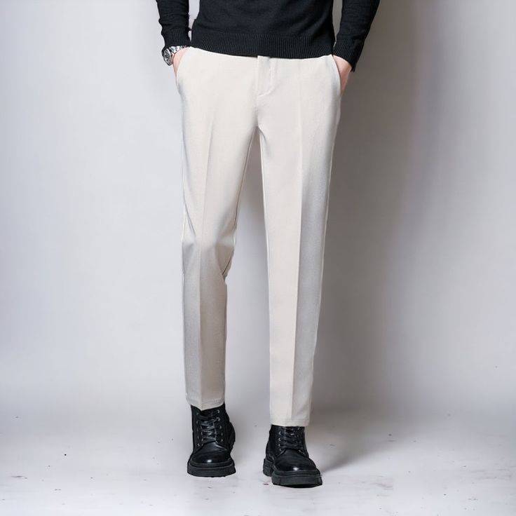 Semi-formal Beige Trousers, Elegant Straight Work Pants For Office, Elegant Ankle-length Work Pants For Office, Elegant Ankle-length Pants For Office Wear, Elegant Straight Leg Dress Pants For Office, Elegant Straight-leg Dress Pants For Office, Elegant Straight Dress Pants For Office, Formal White Dress Pants With Pressed Crease, Elegant Beige Pants