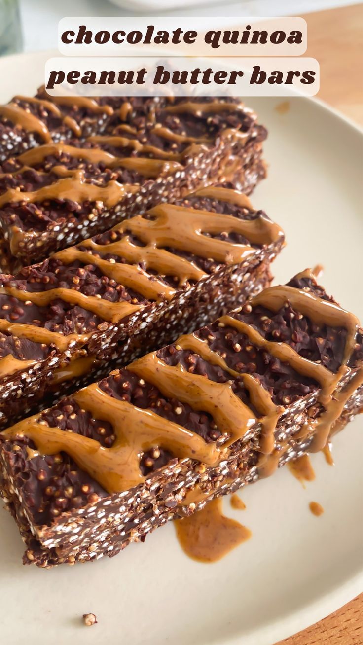 chocolate quinoa peanut butter bars on a white plate